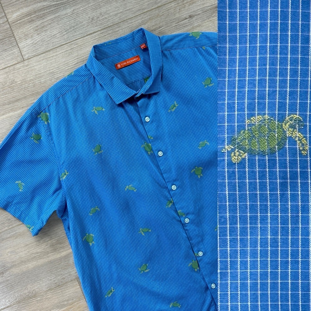 Tori Richard Shirt Mens XL Blue Check Turtle Print Short Sleeve Button-Up Aloha